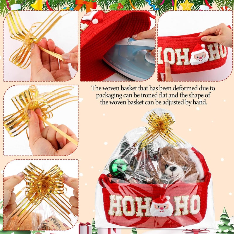 FoldTier 3 Sets Christmas Empty Basket Set for Gifts with Bows Ribbons Cute HOHOHO Santa Claus Red Woven Basket with Handle Clear Cellophane Bags for Christmas Holiday Party Supplies Home Decoration - Image 3